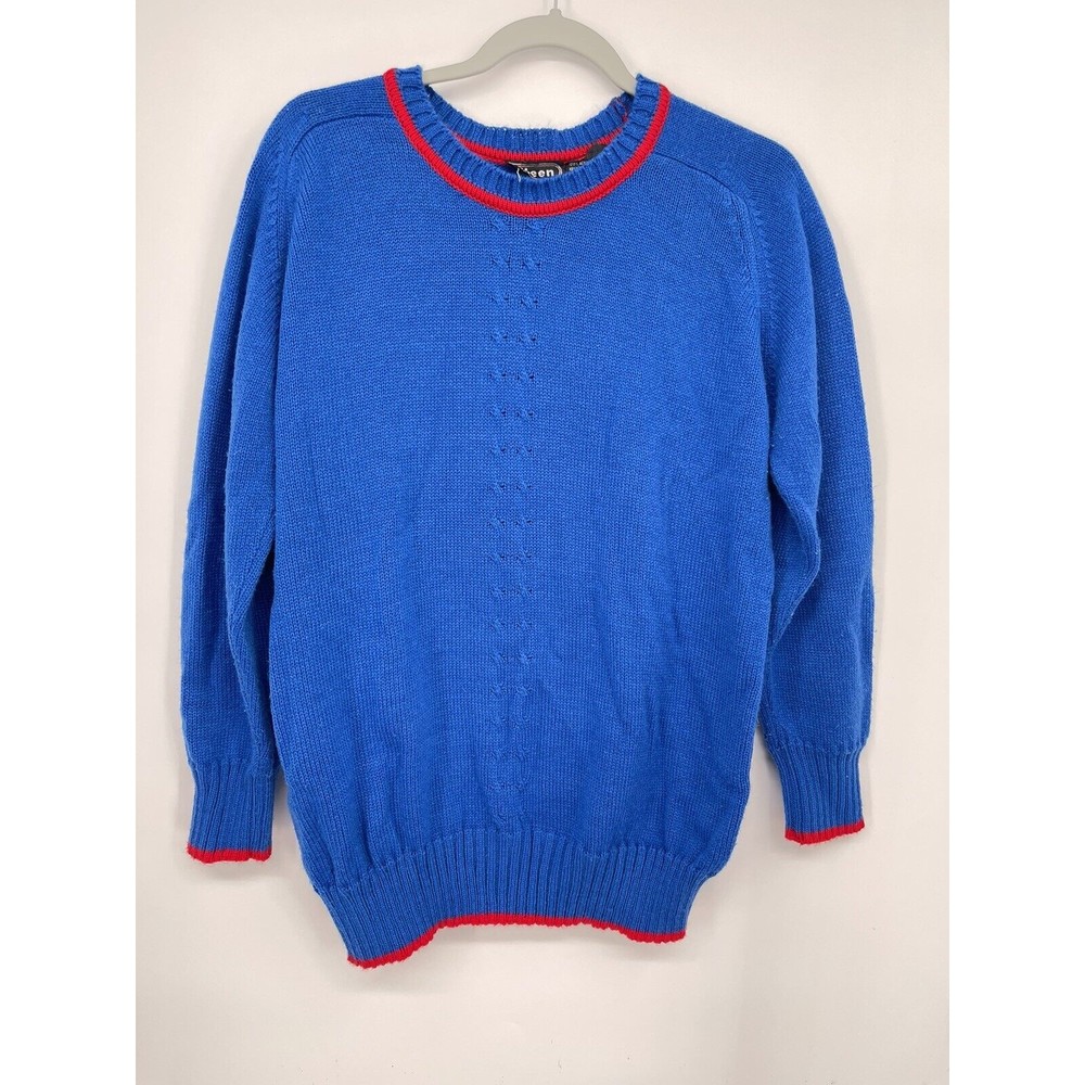 Eileen 42 Pullover Sweater Women Blue Good Vintage Red‎ Trim Crew Neck Acrylic